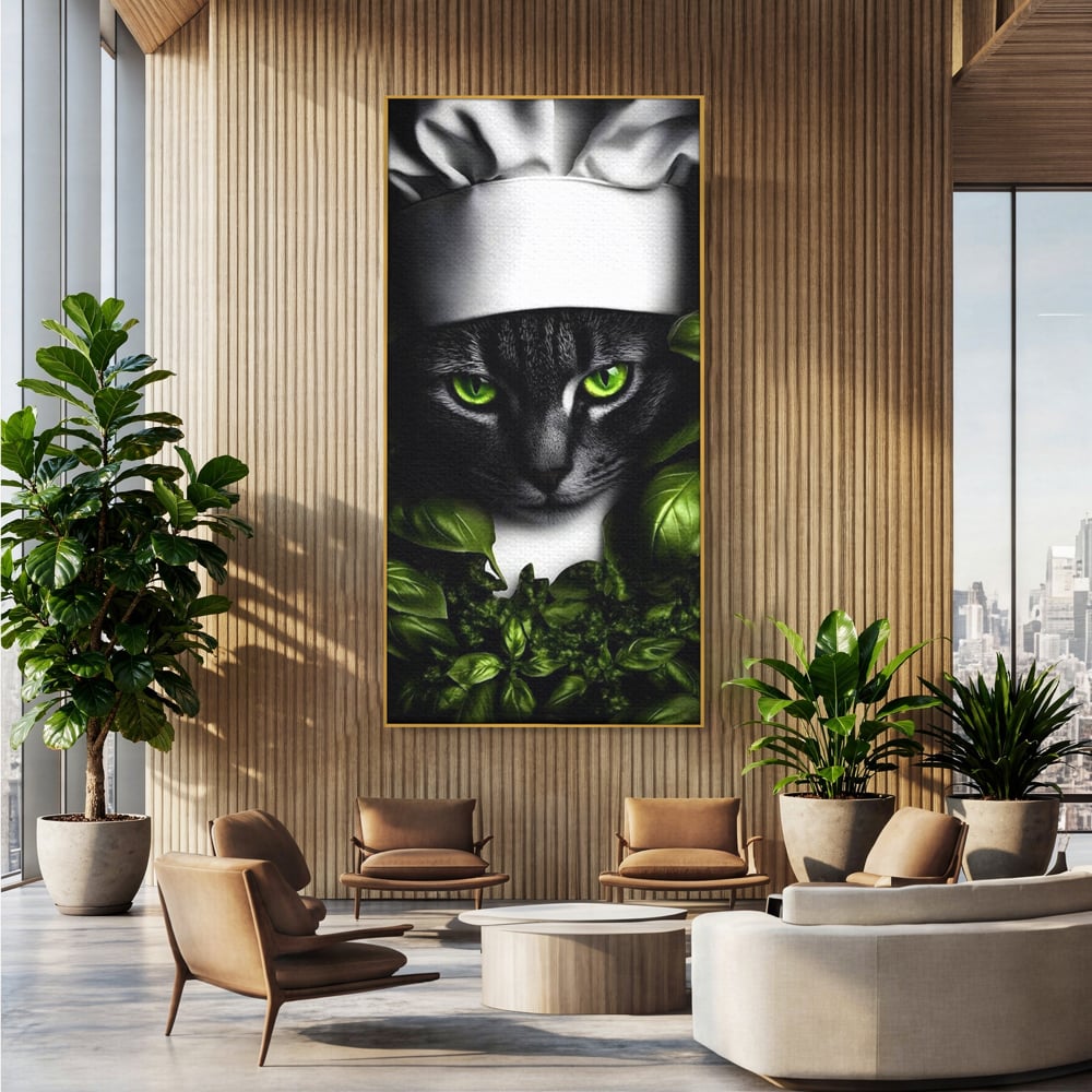 Tablou canvas cu tablou canvas cu pisica bucatar si frunze, in rama de aluminiu auriu, pe perete intr-un birou